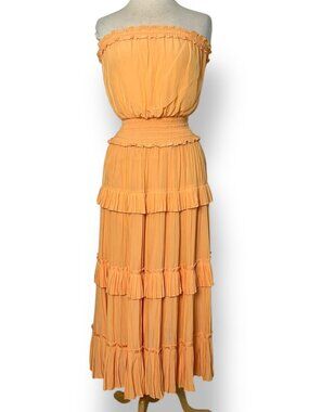 Ramy Brook Natalie Midi Dress Strapless Tiered Ruffles Orange Size XXS